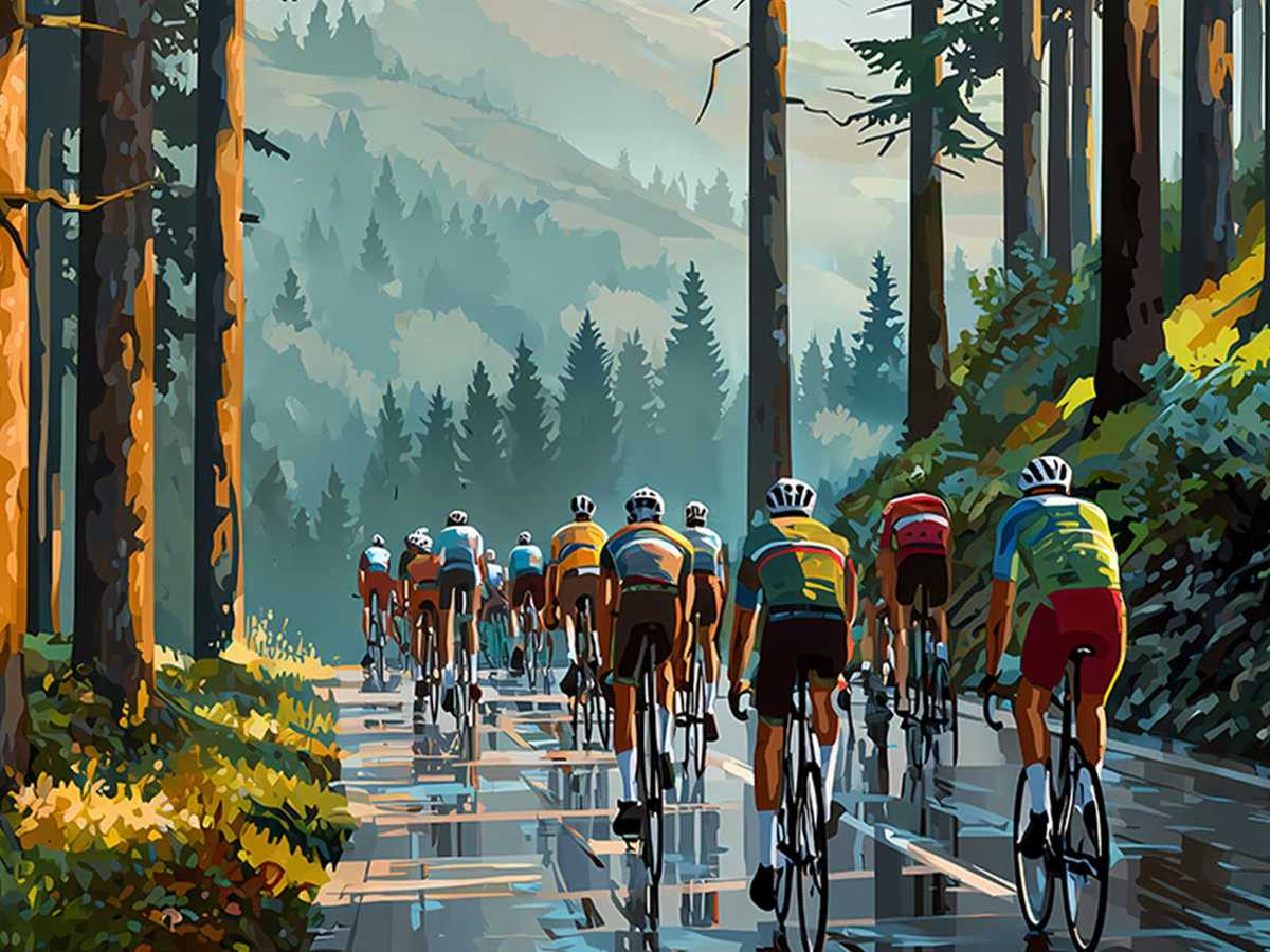 Poster detail of a steep wooded gorge on the ascent, highlighting the narrow road and shadowed trees framing the climb