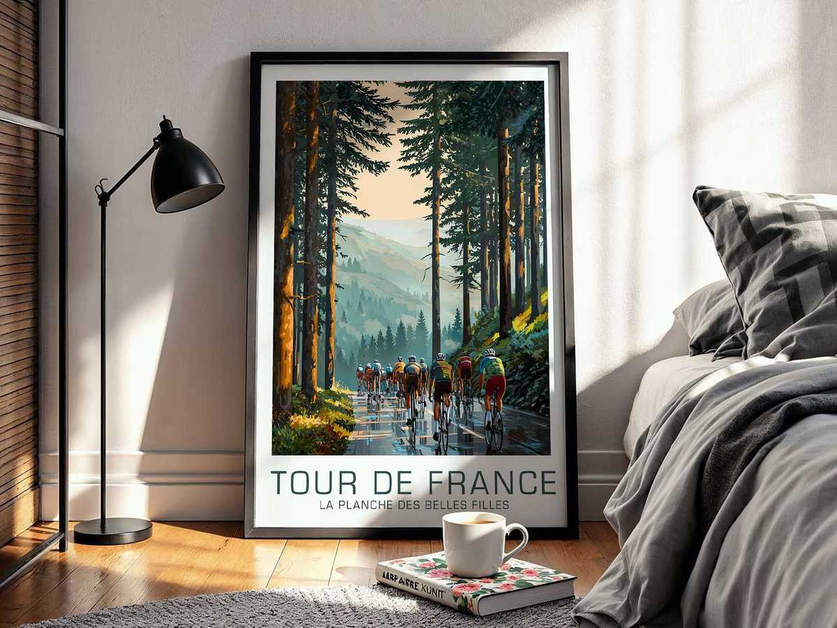 Close-up poster composition showing the severe gradient of the climb with cyclist crouched over the handlebars