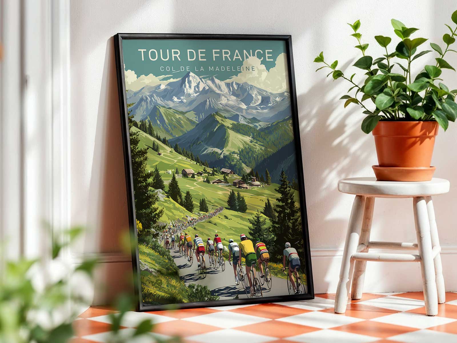 Stylized poster focusing on steep hairpin turns carved into the mountainside with strong slope contrast