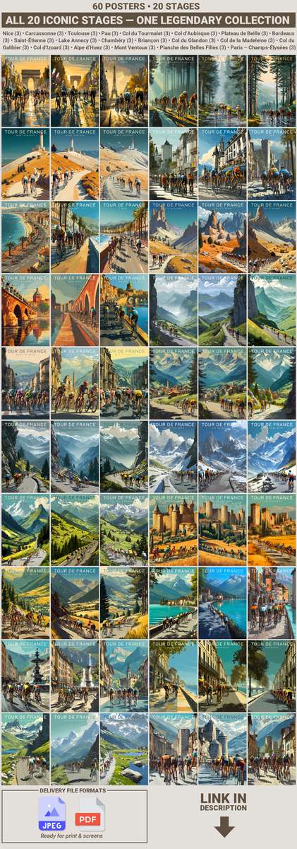 Tour de France mountain stage cycling poster collection inspired by alpine climbs and race heritage
