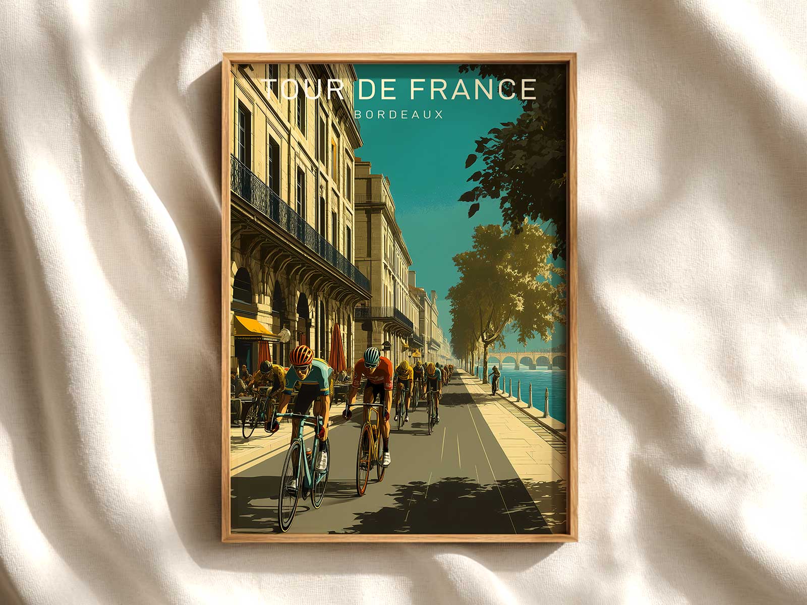 Solo rider sprinting past a stone bridge and arcaded facades, the bridge framing the route and creating a dramatic urban…