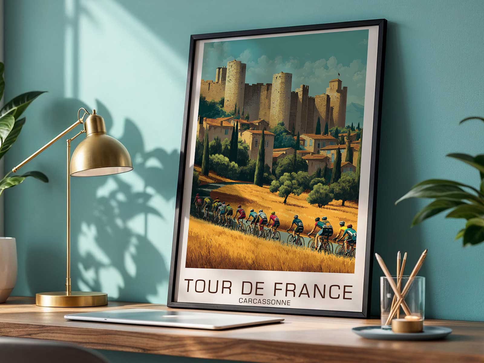 Sprint moment on a narrow stone bridge in Carcassonne with walls and towers framing the scene