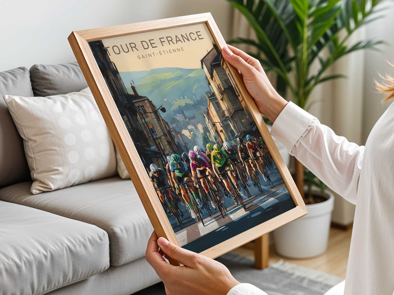 Bike prints art poster displayed in a modern studio interior to showcase its appeal for sports design enthusiasts