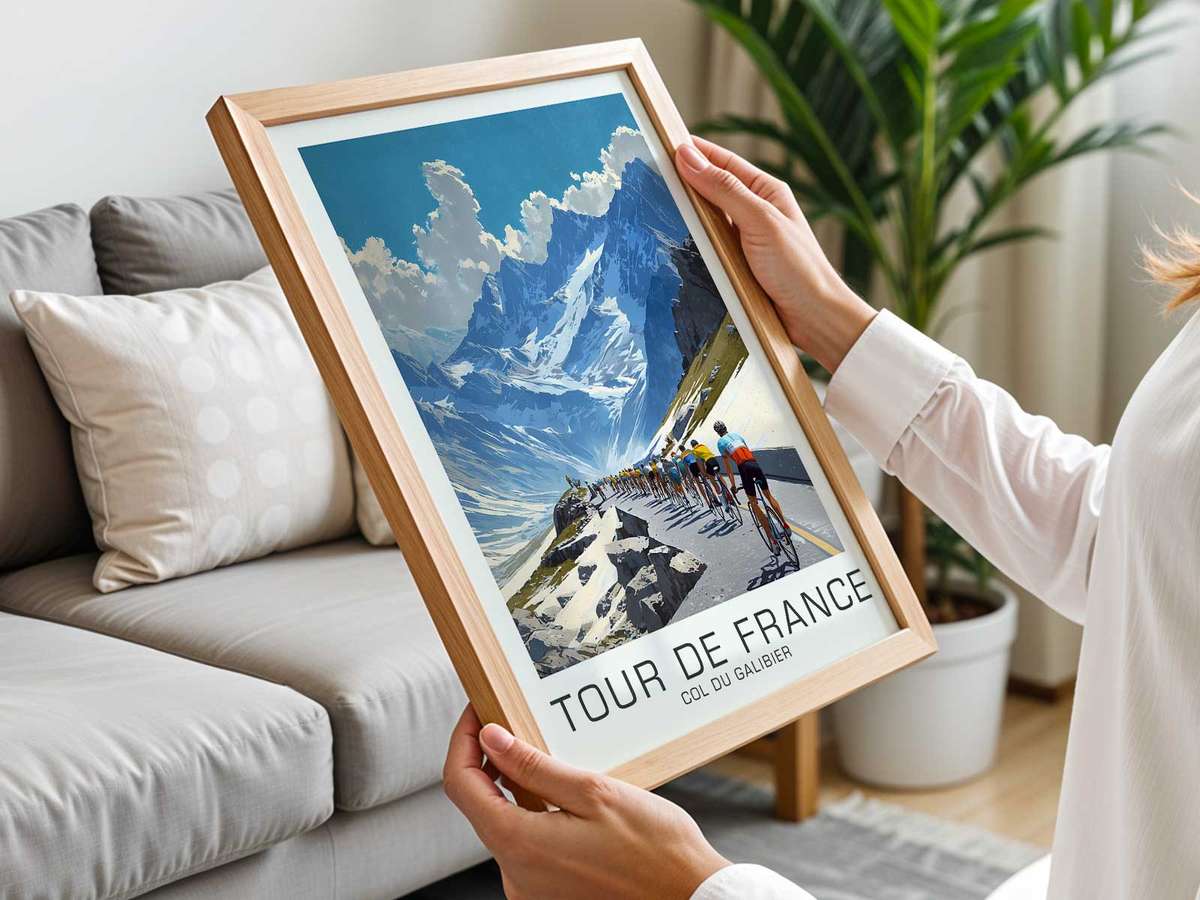 A cinematic capture of the decisive summit moment on Galibier: a small group cresting the ridge with dramatic light and…