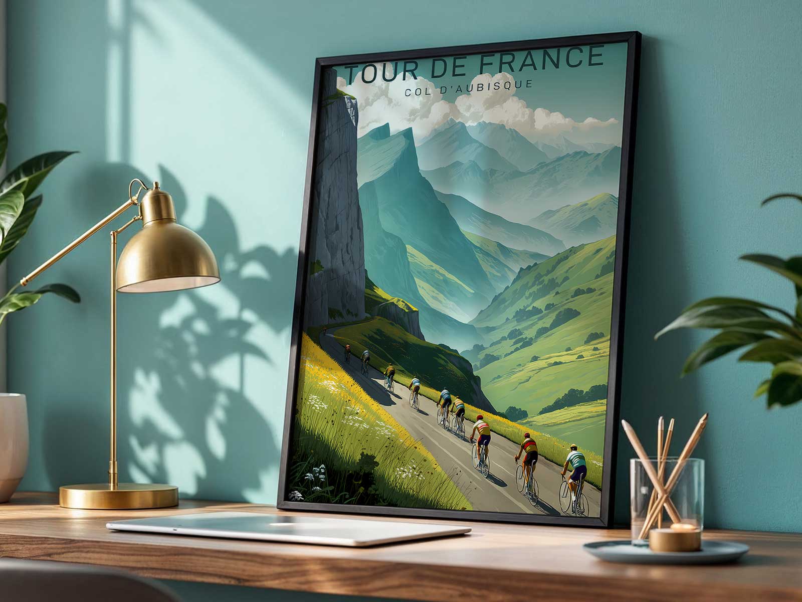 Silhouetted riders cresting the Col d’Aubisque at sunset, warm light contrasting with steep terrain for a cinematic finish