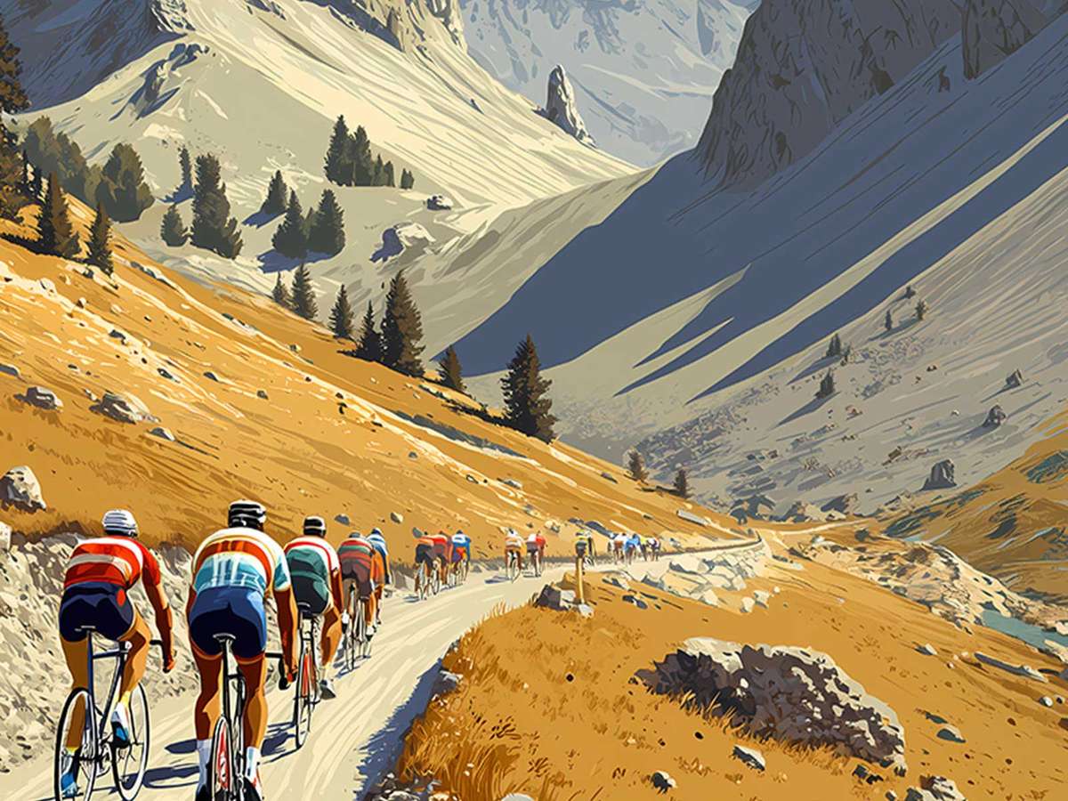 Close-packed group of racers on a steep Izoard switchback, showing proximity and the strain of the climb