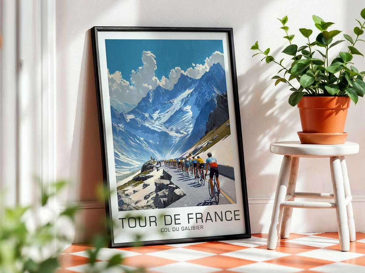 Riders negotiating a steep switchback on Col du Galibier, breath visible and crowd-lined barriers adding to the tension