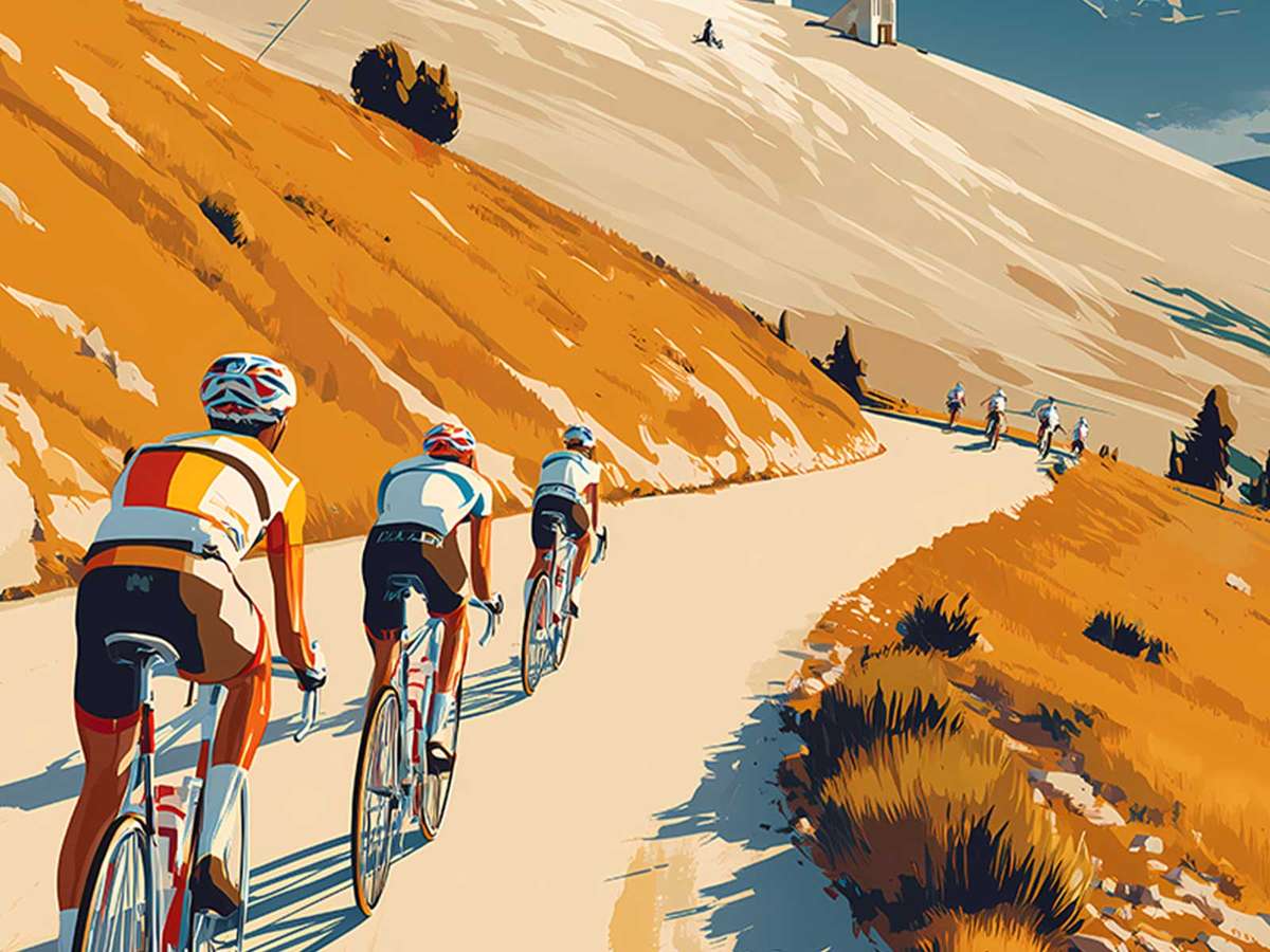 Winding hairpin Roman road climbing the mountain with a small group of cyclists ascending, highlighting steep gradient and…