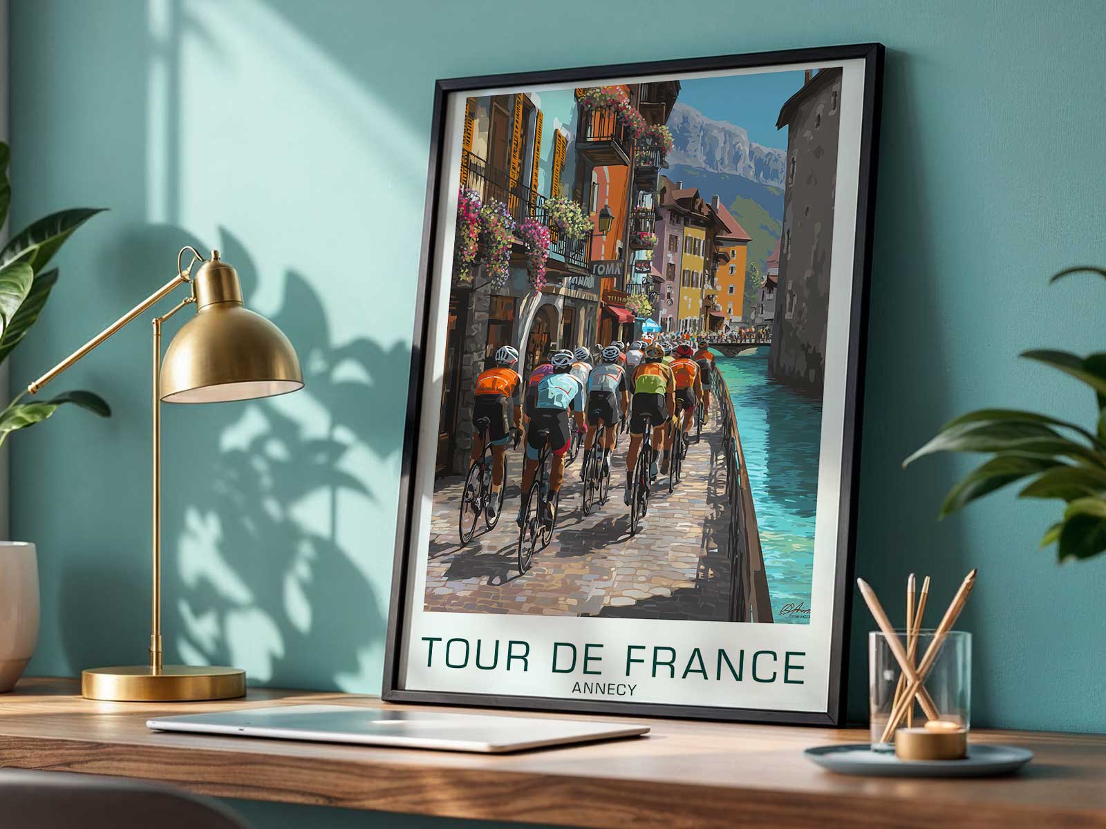 Graphic poster with dynamic diagonal bicycle lines creating visual tension and a sense of speed