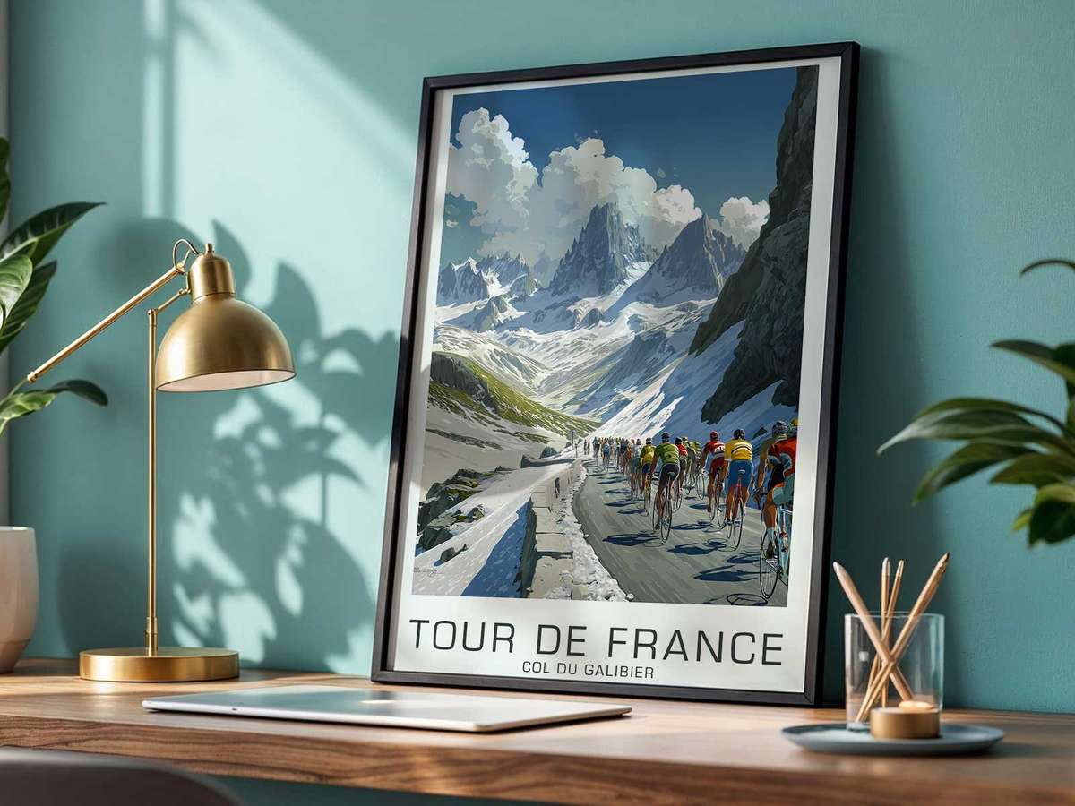 Close detail of roadside textures, stone walls and painted markings that ground the poster in tangible real-world detail