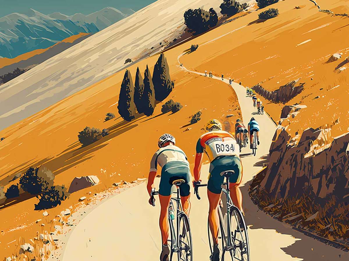 Two riders climbing a steep, narrow section of Mont Ventoux side by side, wheel-to-wheel with dust kicked up and…