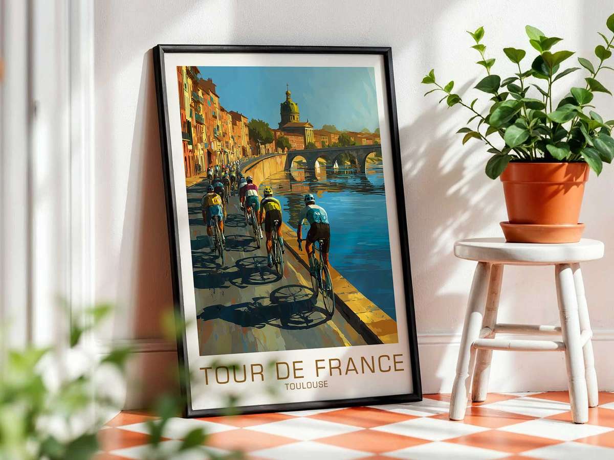 Toulouse and the Tour shown in a vintage composition showcasing road-racing movement and endurance-inspired detail inspired by how a vintage evokes cycling memory and…
