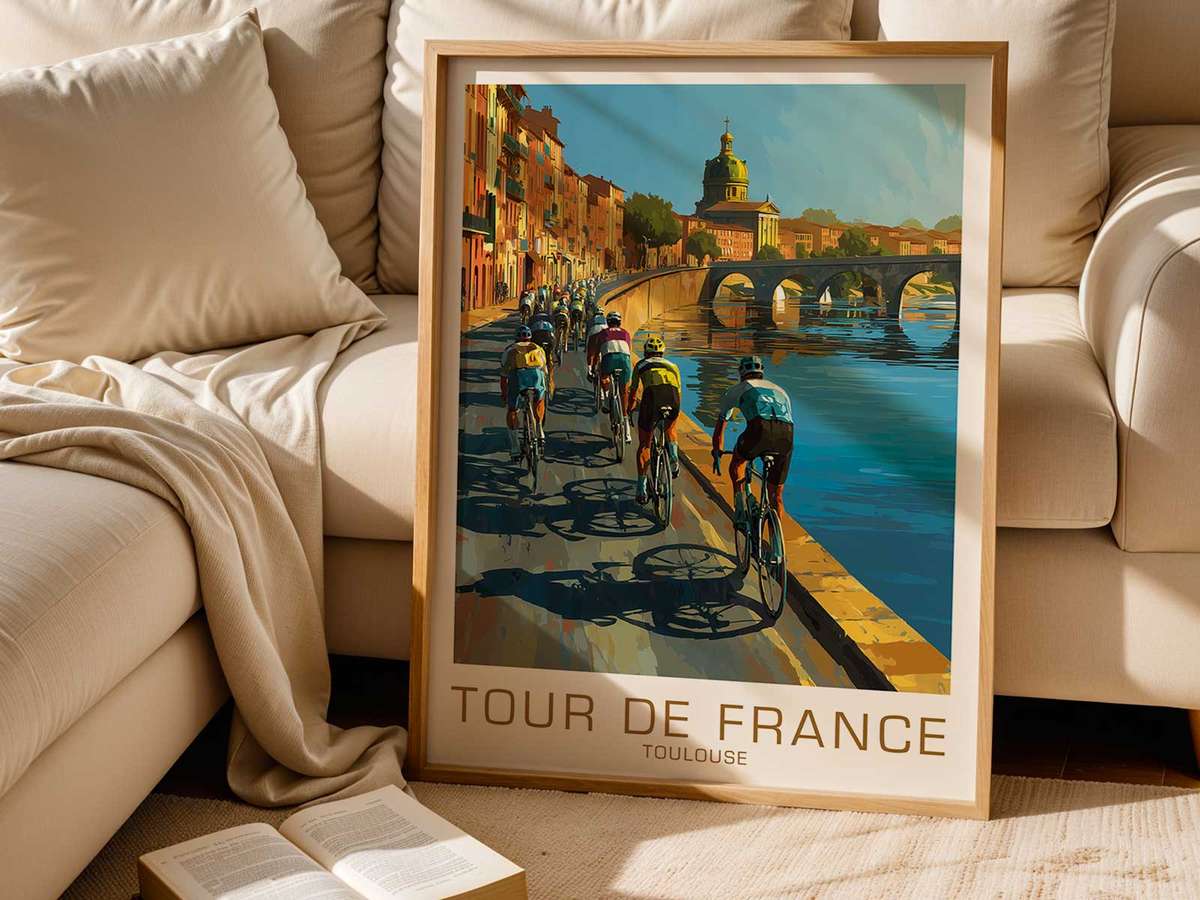 Vintage illustration of Toulouse and the Tour presented through competitive road action and scenic depth