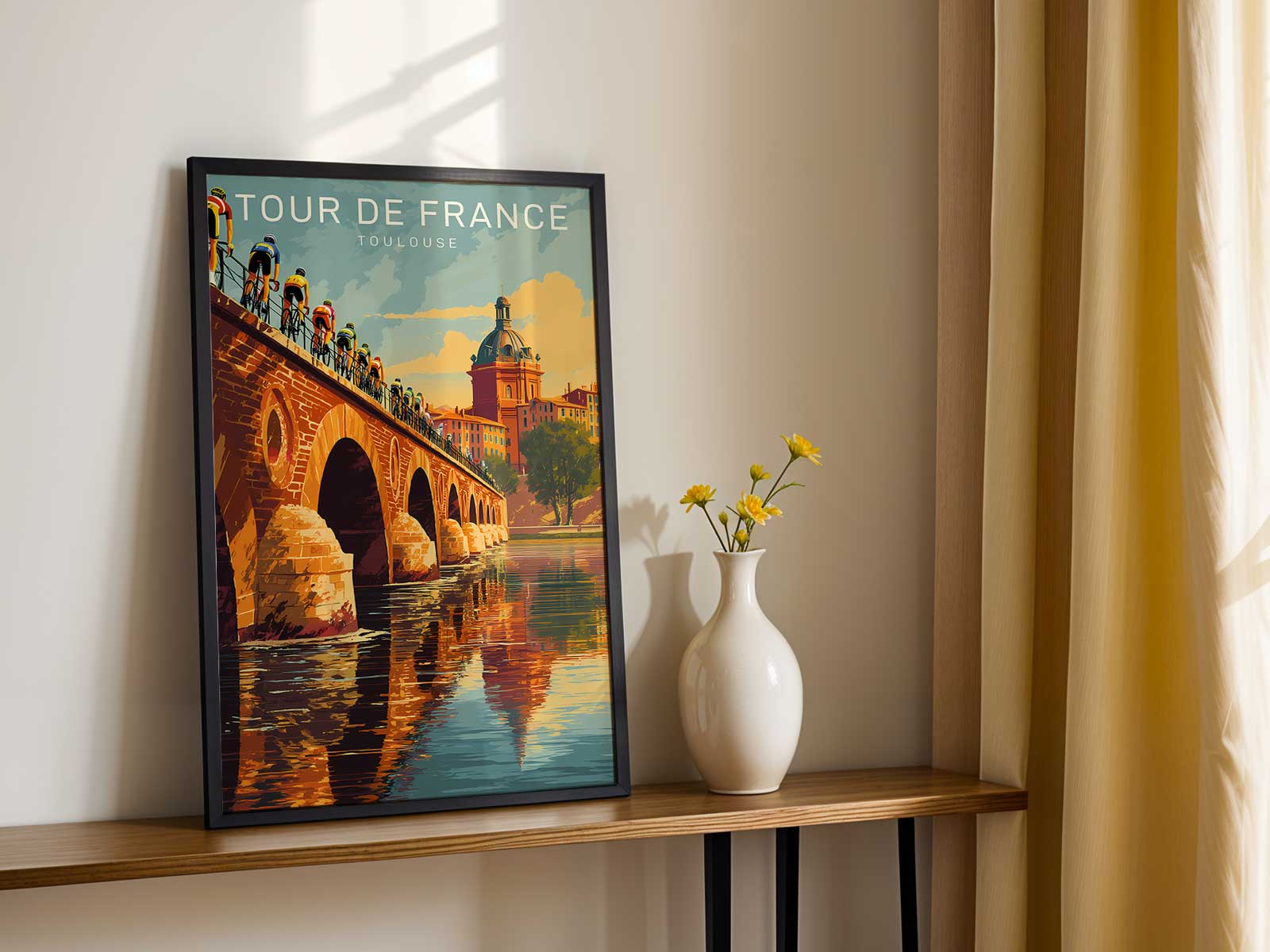 Racing bicycle silhouette against a stylized Toulouse skyline emphasizing frame geometry