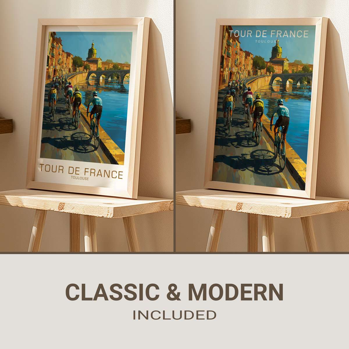 Poster close-up of a cyclist silhouette against Toulouse brick buildings and a tramline, warm muted palette