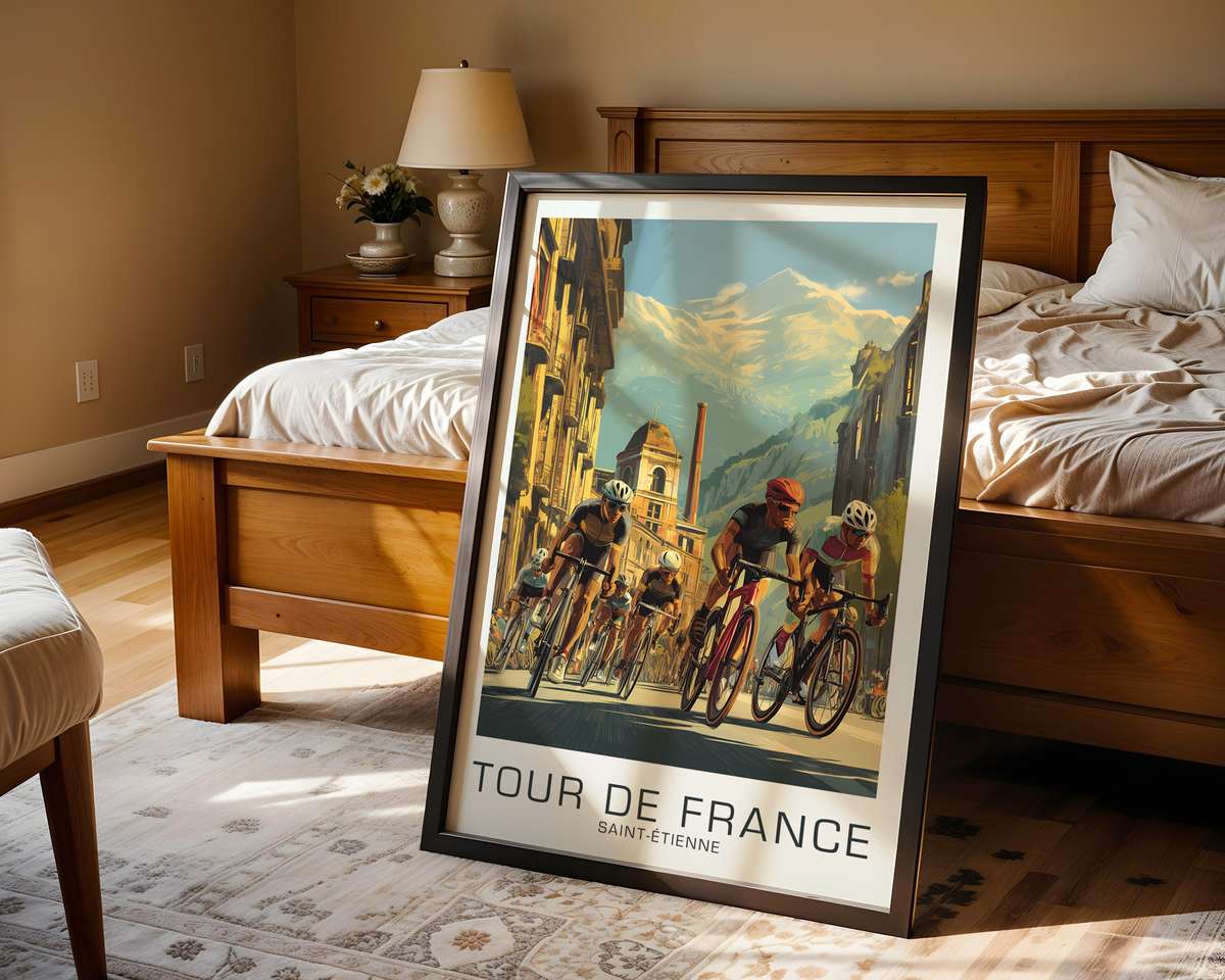 Tour de France climbs and race towns poster series with mountain roads and historic cycling locations