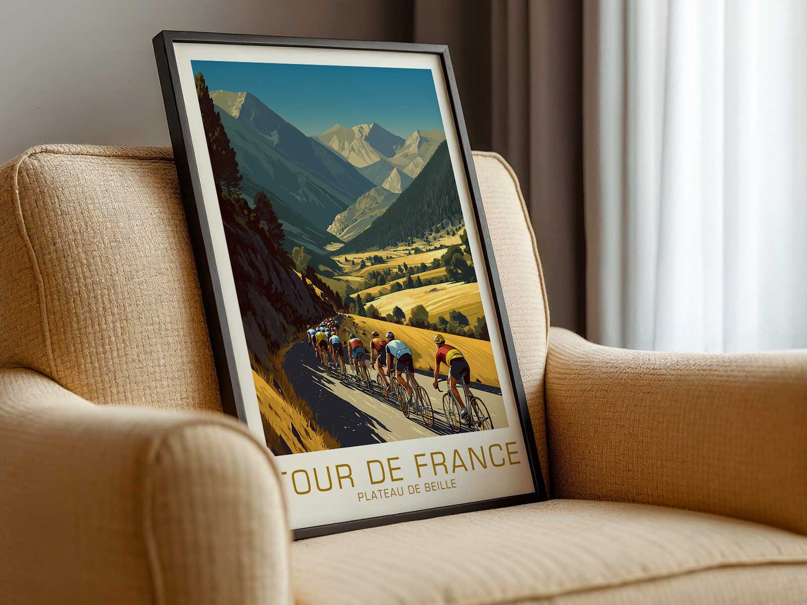 Vintage-inspired Tour de France signage and route markers overlaid on a stylized map of Plateau de Beille