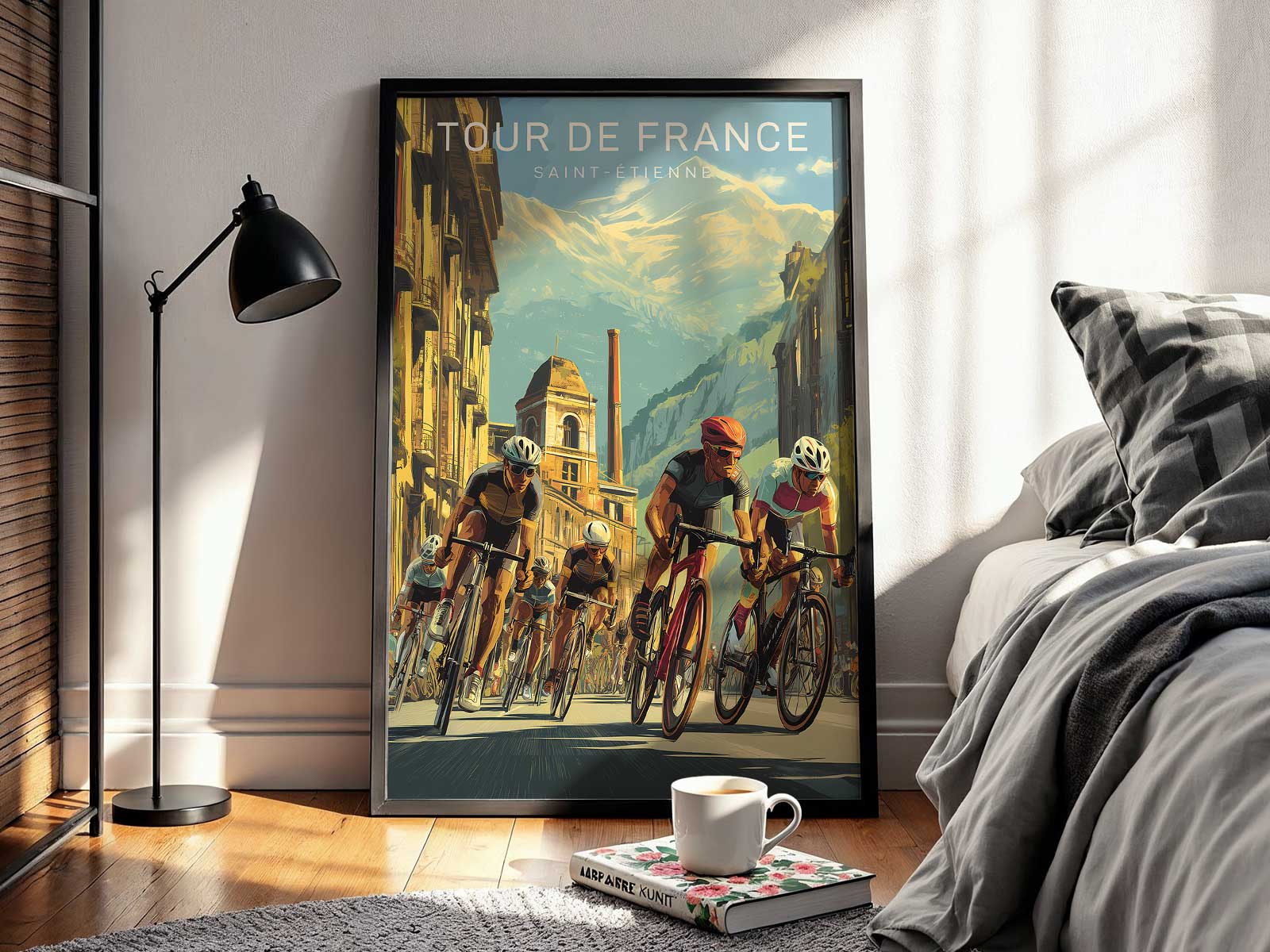 Detail of vintage Tour de France graphics on the poster, including period typography and event motifs that evoke local…