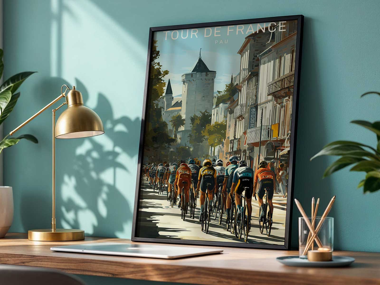 Graphic elements referencing the Tour de France on a Pau poster, including retro type and race motifs that suggest…