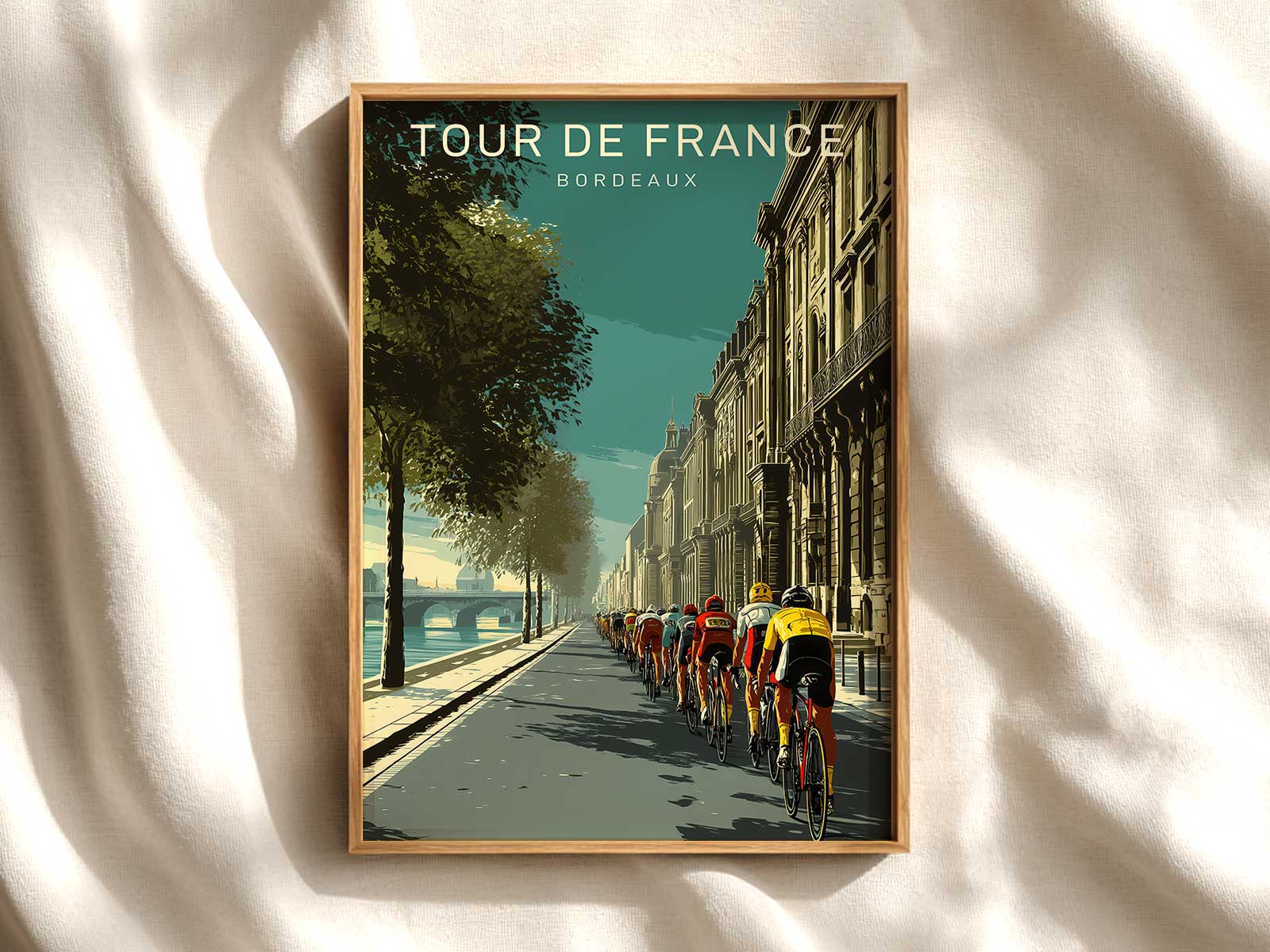 Painterly poster composition featuring a cyclist silhouette, old race numbers, and Bordeaux architectural motifs in faded ink