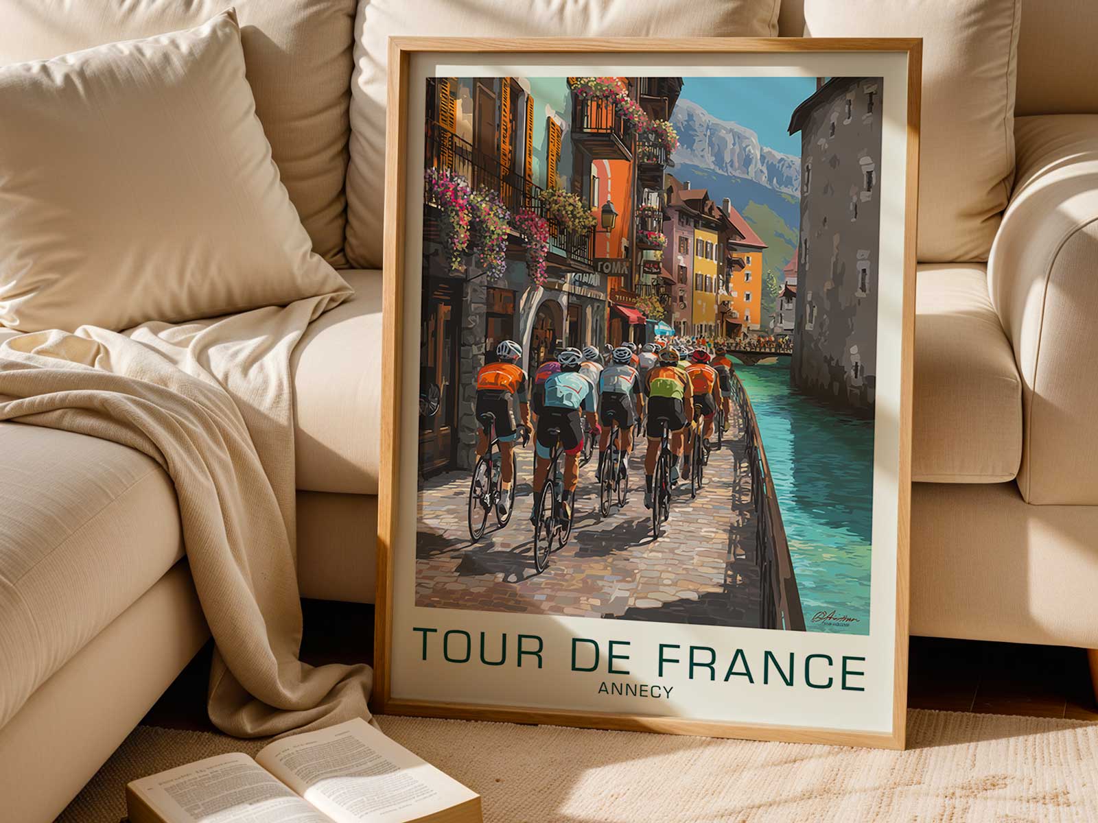 Poster highlighting iconic race bike components like downtube shifters and tubular tires to recall Tour de France culture