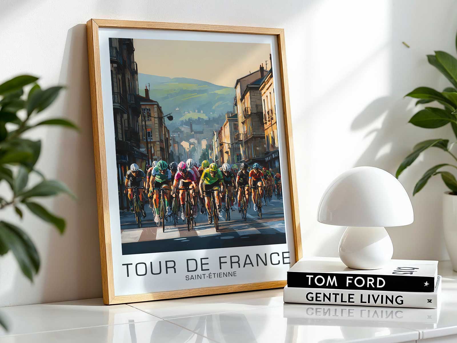 Collage of cycling paraphernalia—number plate, vintage saddle, and wheel—evoking Tour de France material culture