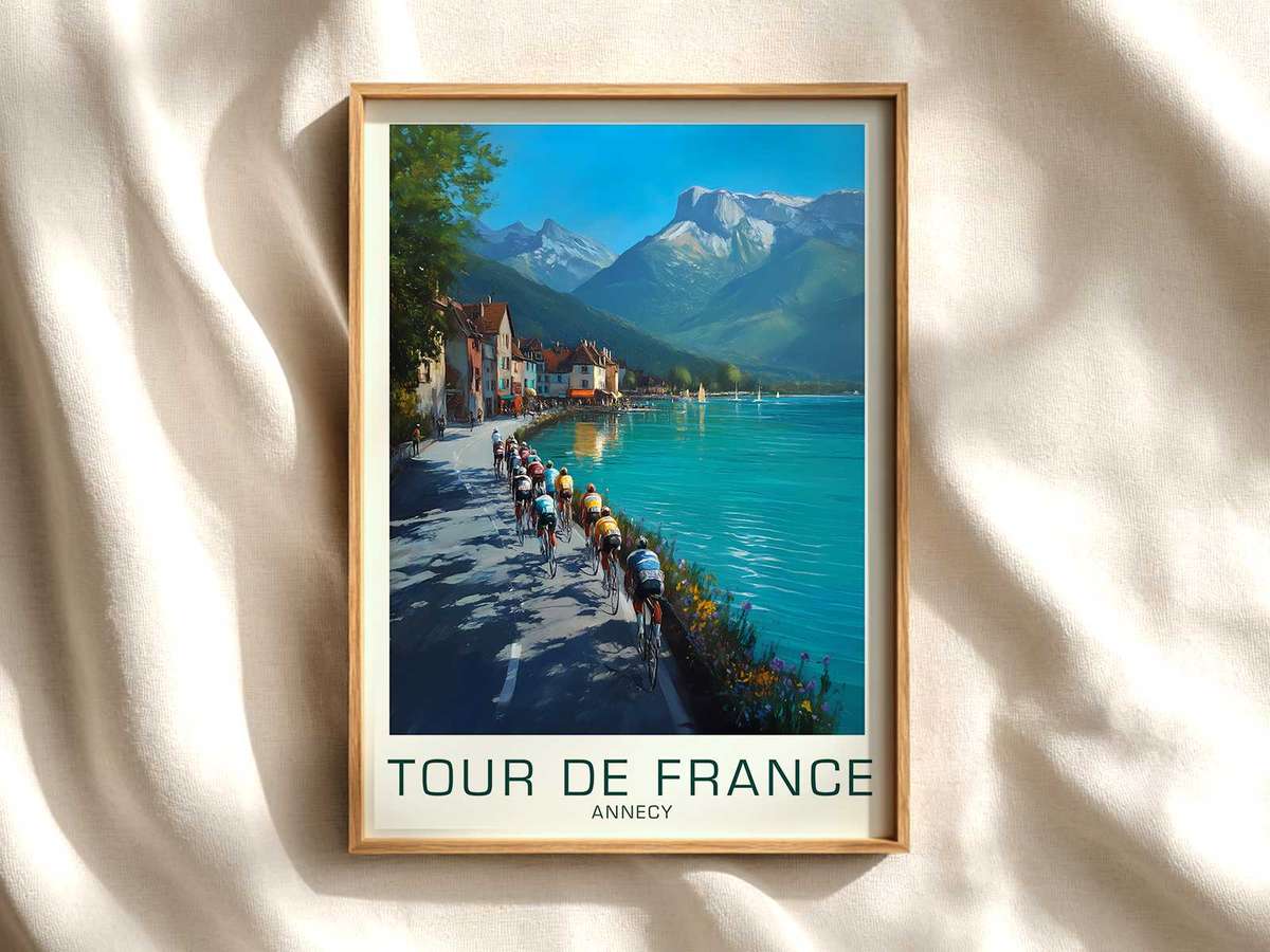Lakeside Approach to Annecy – Bike Wall Art Decor cycling poster displayed as elegant bike racing wall art