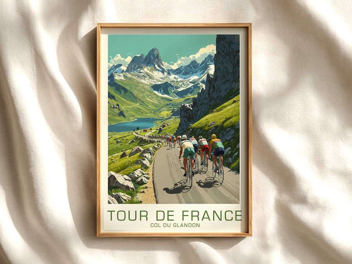 Col du Glandon Summit Poster — Silhouettes and Altitude cycling poster displayed as elegant bike racing wall art