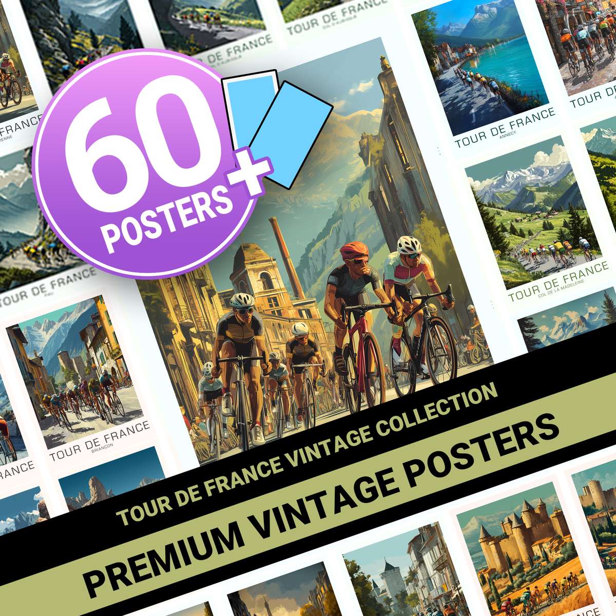 Tour de France stages poster collection featuring 60 cycling prints inspired by legendary race roads
