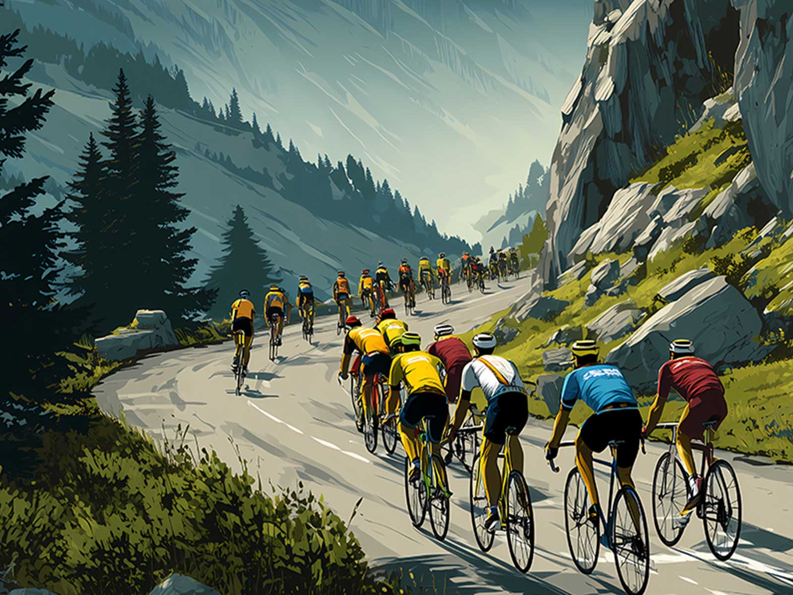Close detail of the rider's hands on the bars and set jaw on the Tourmalet poster, highlighting attitude and the reading of…