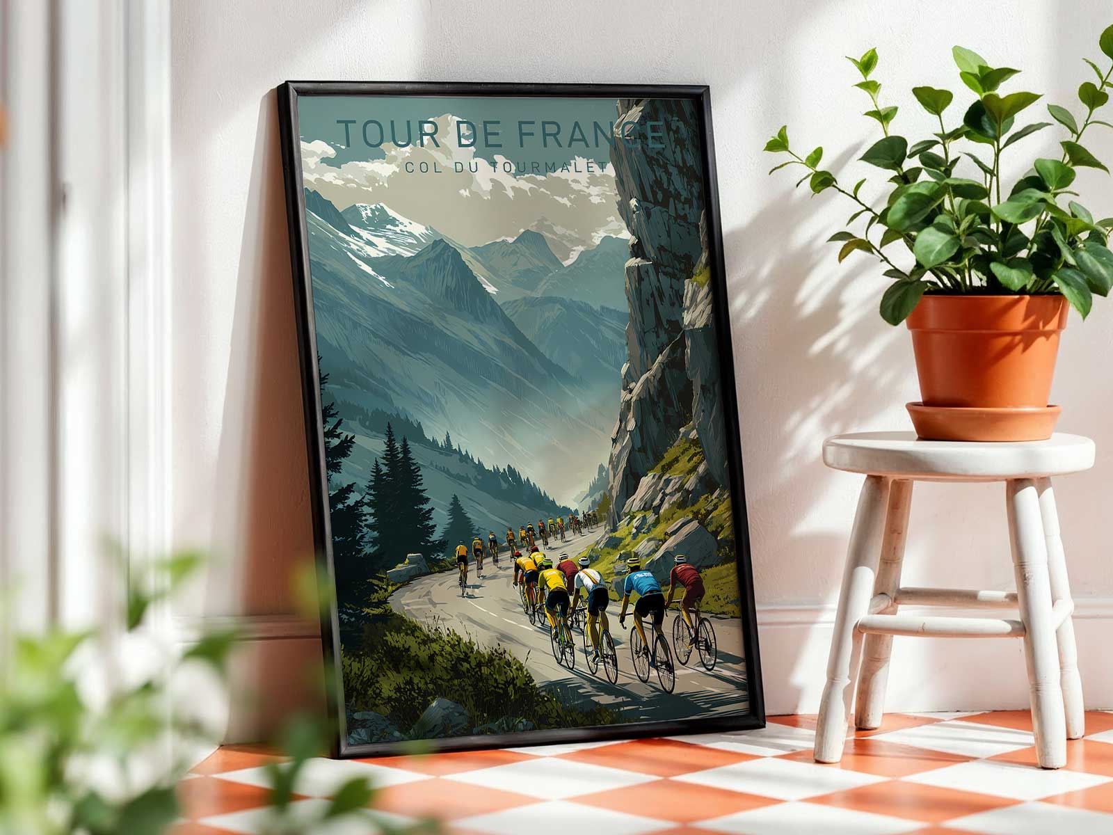 Use of light and shadow on the Tourmalet poster to model the rider's muscles and facial features, suggesting fatigue held…