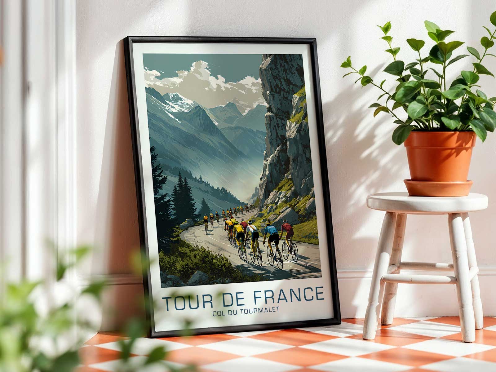 Close-up of a cyclist on the Tourmalet poster showing focused facial expression and sweat, conveying concentration and…