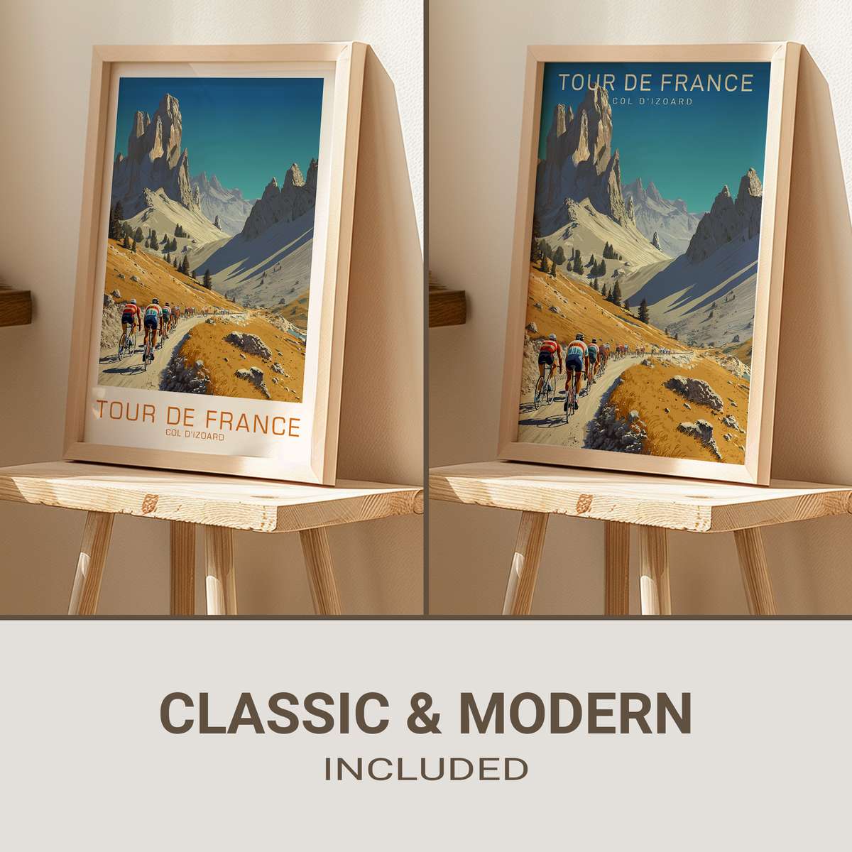 Vintage-style poster of riders silhouetted against the Col d’Izoard summit at dusk, conveying tension and effort