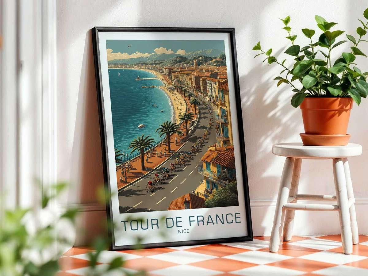 Close view of the poster’s typography and era-specific graphic ornaments near the title and race date