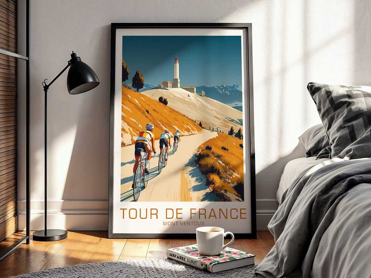 Poster image using stark light and shadow on the rider's body to highlight muscles and the physical cost of climbing