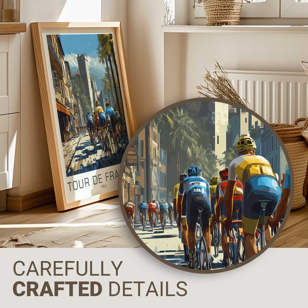 Minimal Pau-inspired poster showing a racing bicycle silhouette framed against soft hills, emphasizing the bike as central…
