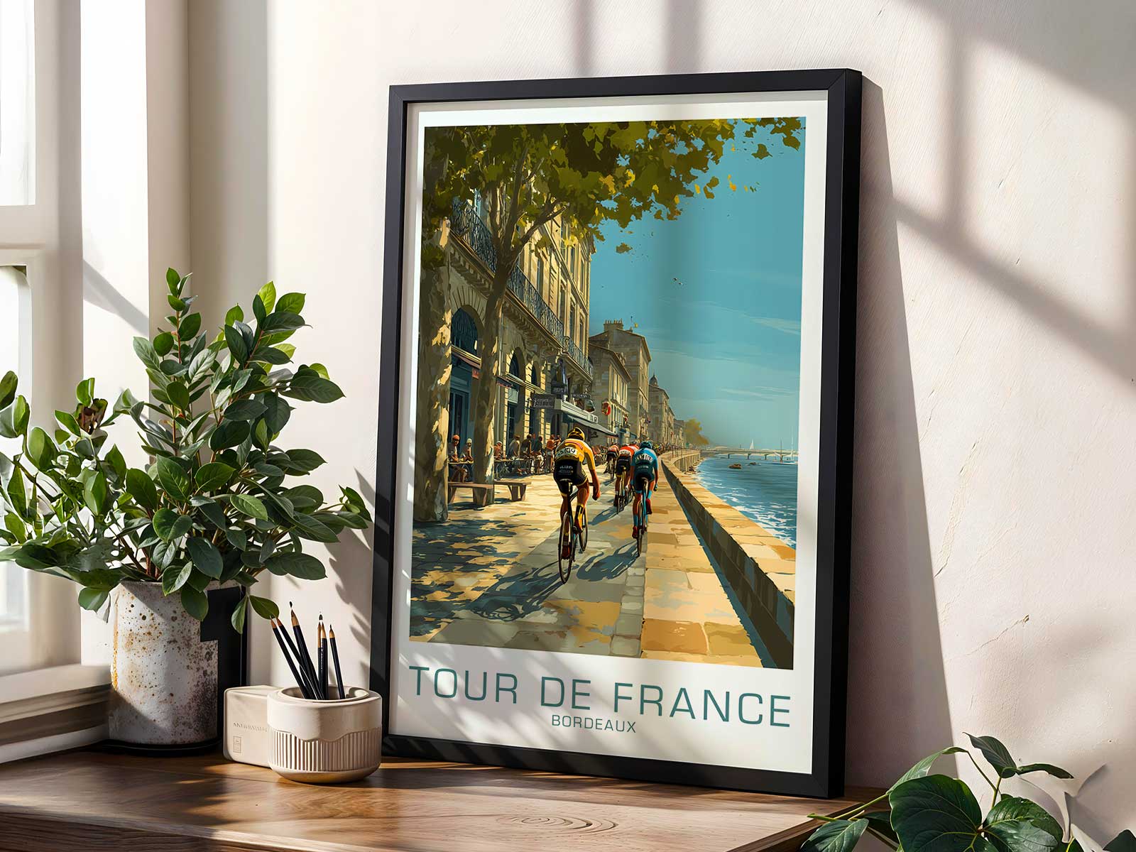 Pedal and chainring in motion framed with hints of a Bordeaux vineyard route, blending mechanical energy with regional…