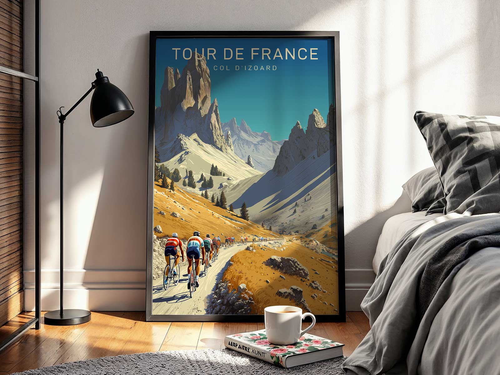 Wide-format vintage poster of Col d'Izoard showing winding mountain road, rocky outcrops and a distant peloton