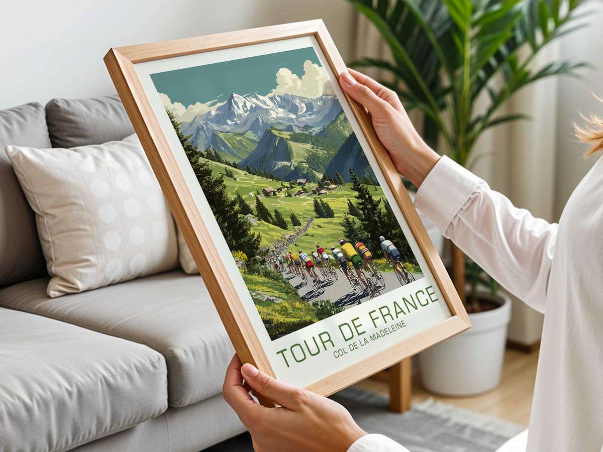 Vintage Cycling composition styled as poster and featuring speed, elevation and long-distance character inspired by col de la madeleine as epic ascent