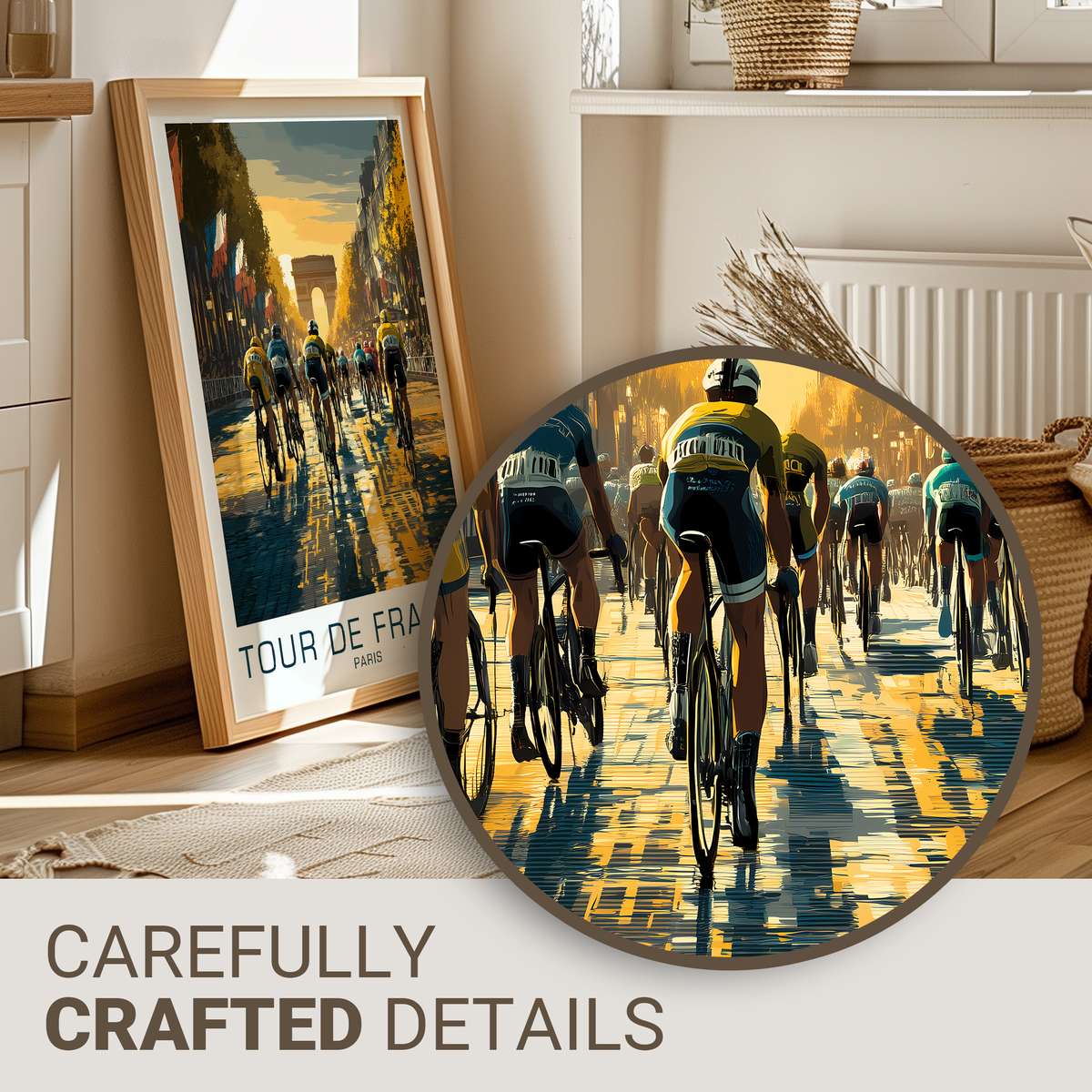 Sprinters charging down the Champs-Élysées with the peloton compressed behind, sunlight glancing off helmets and chrome