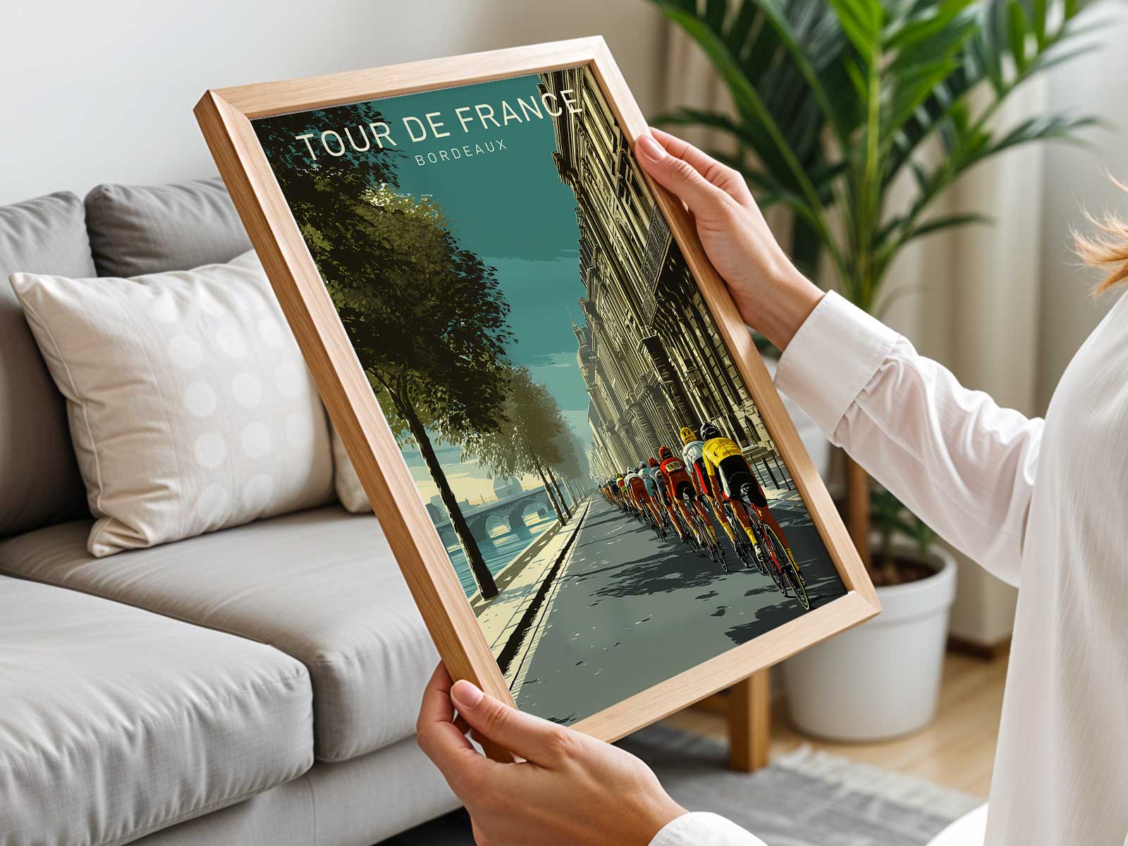 Full vintage poster layout with central painted bicycle, archival labels, and muted color palette referencing mid-century…