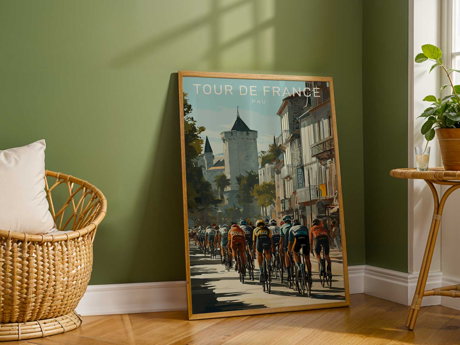 Silhouette of a vintage cyclist on a Pau race poster with retro typography and worn edges