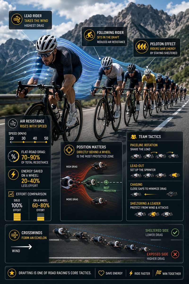 Lead rider at the front of a group facing open wind while teammates follow in his slipstream