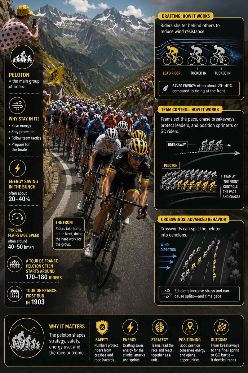 Close-up of cyclists in the middle of the peloton demonstrating reduced gap and aligned positions