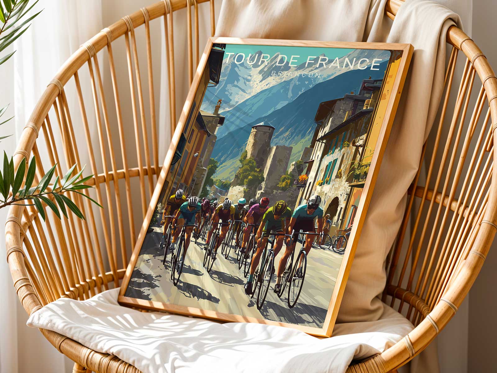 Poster where the wheel spokes form a radial pattern that interacts with mountain contours and light