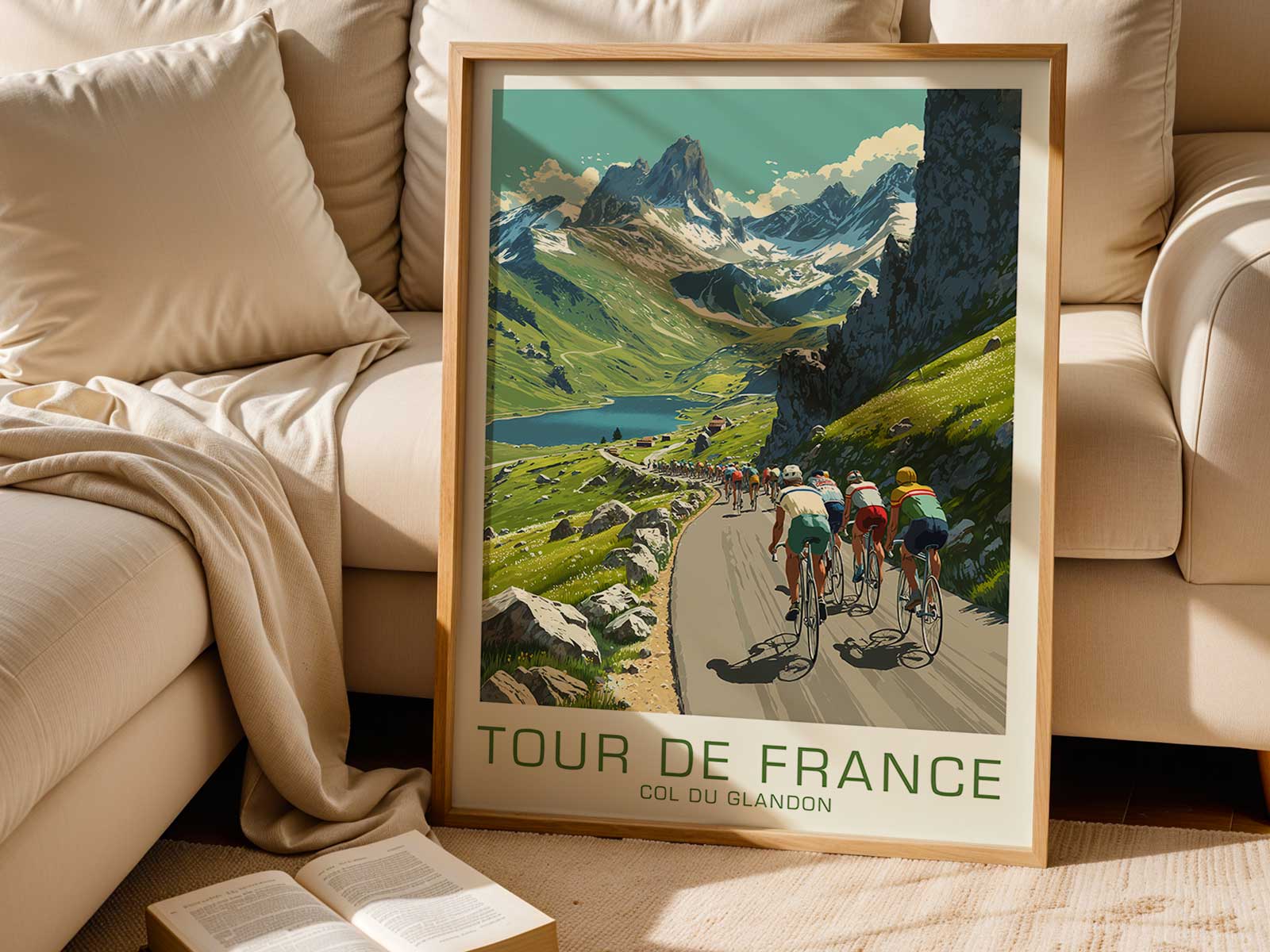 Stylized poster showing a series of winding hairpin bends up the Col du Glandon with tiny cyclists on the road