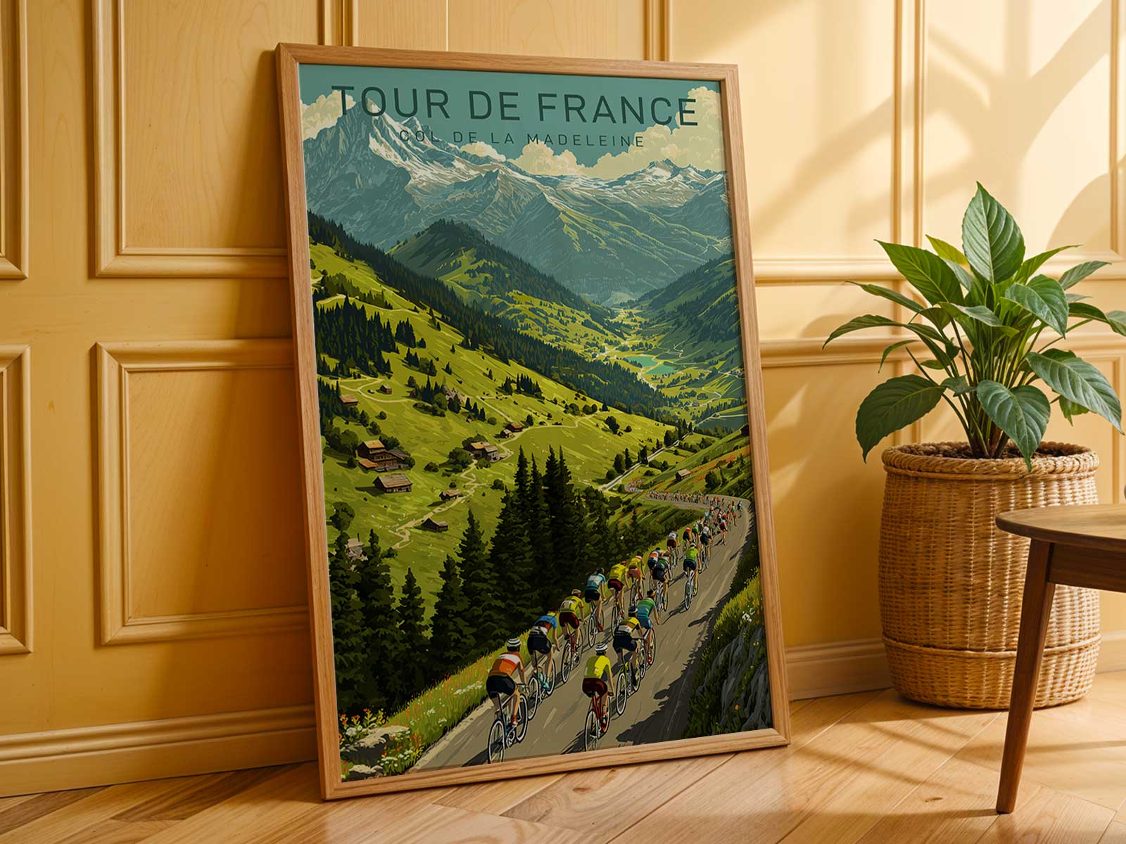 Poster view of a winding mountain road ascending steep hairpins, emphasizing the gradient and physical effort required