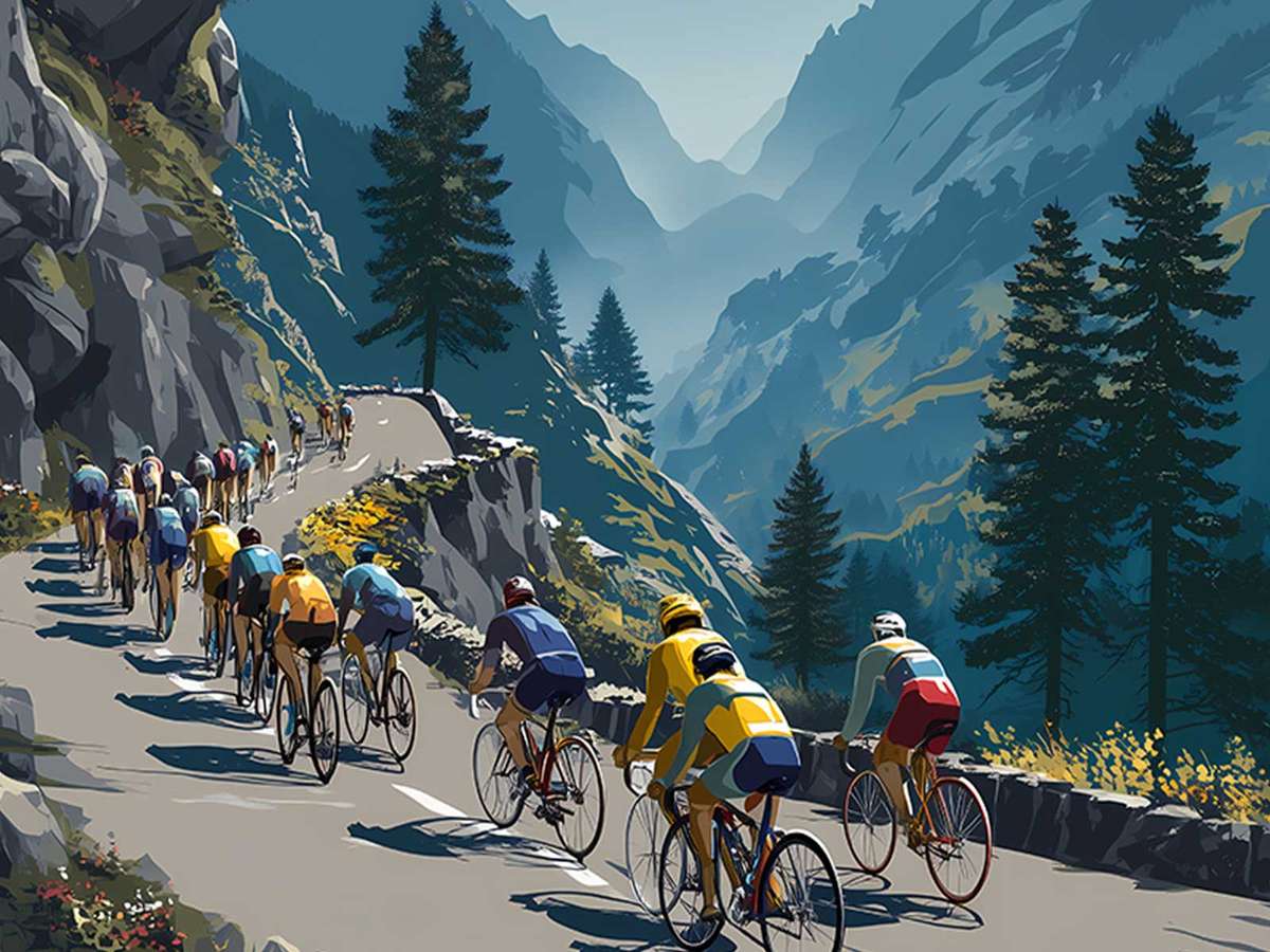 Curving mountain road climbing steeply through rocky terrain under stark light, conveying steep gradient