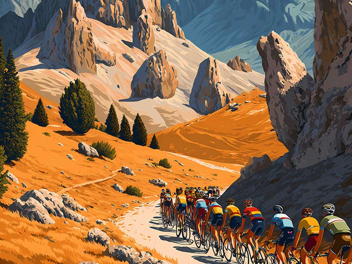 Vintage poster view of the Col d’Izoard’s winding road climbing steep hairpins under clear light