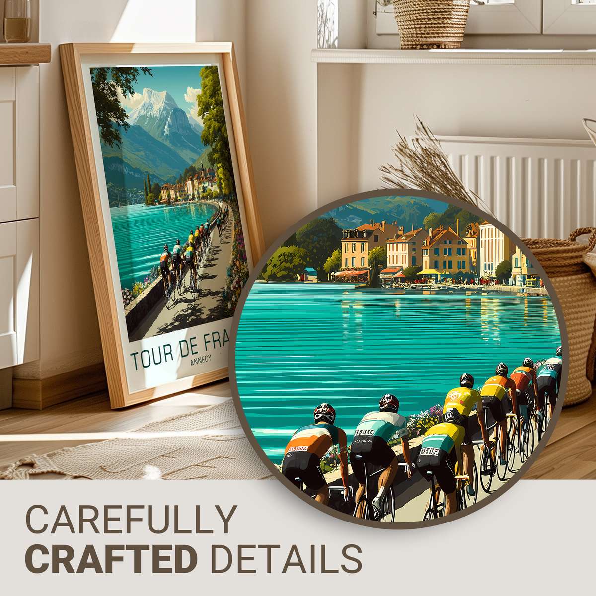 Vintage-style poster view of Lake Annecy with distant cyclists, soft alpine light and resort buildings along the shore